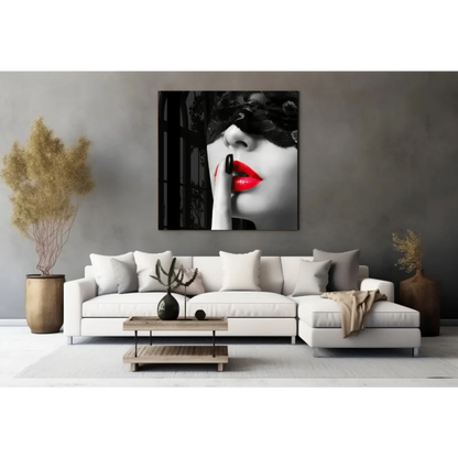 Black-and-white glass wall art print of woman with red lips and lace mask