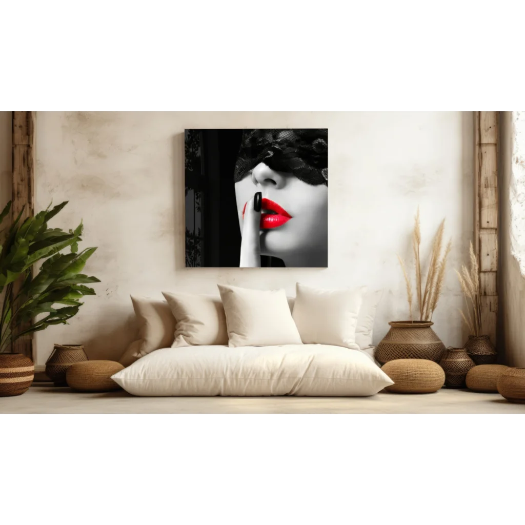Black-and-white glass wall art print of woman with red lips and lace mask