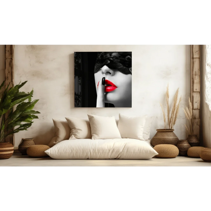 Black-and-white glass wall art print of woman with red lips and lace mask