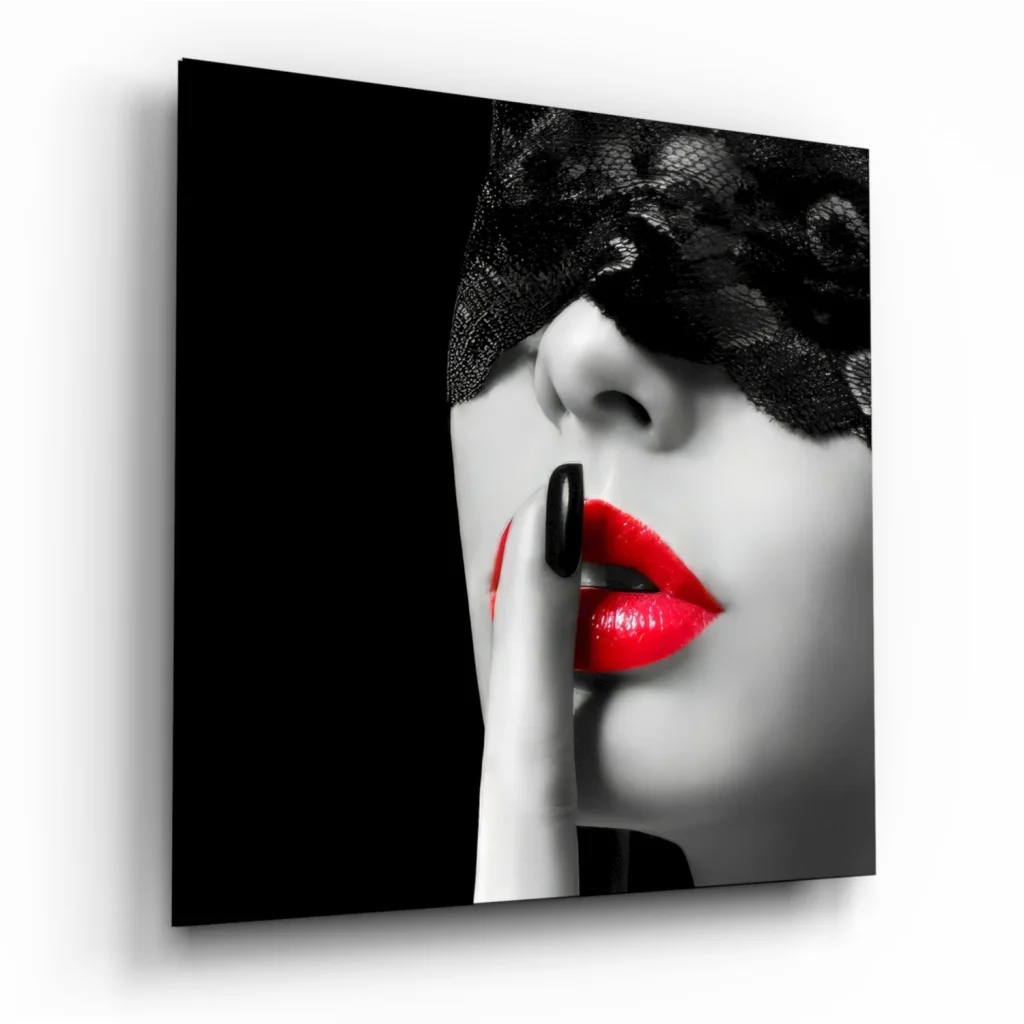 Black lace eye mask on woman with red lips in glass wall art