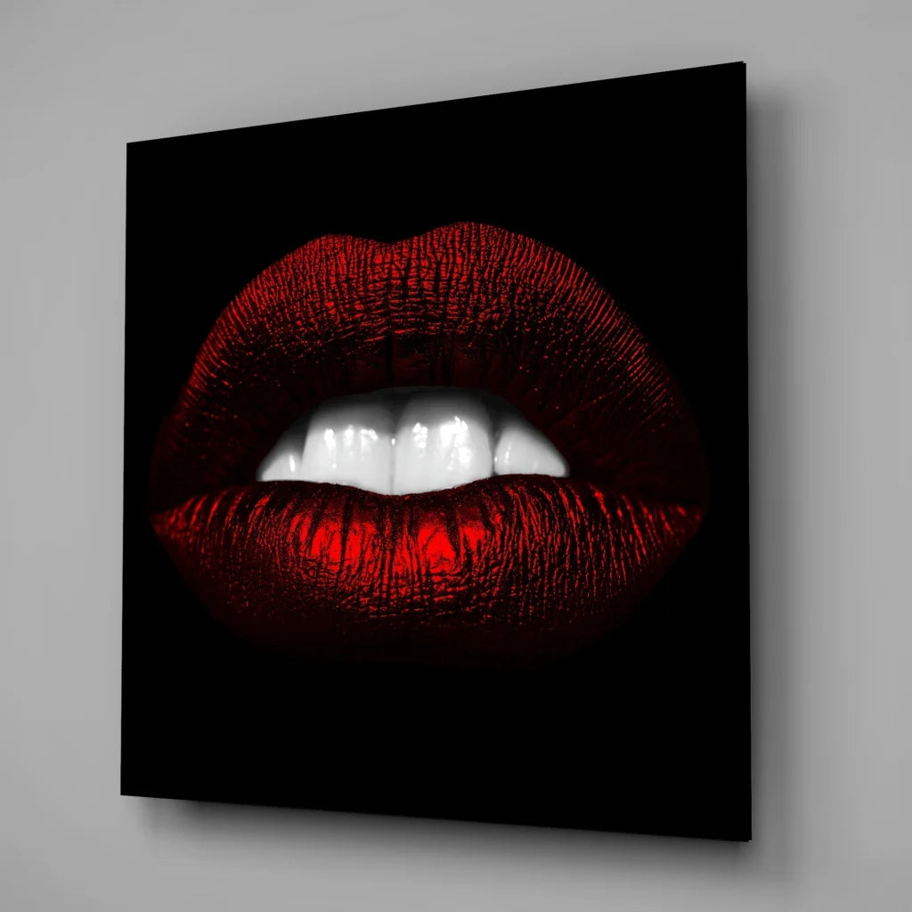 Bold red lips tempered glass art with glossy texture on black background