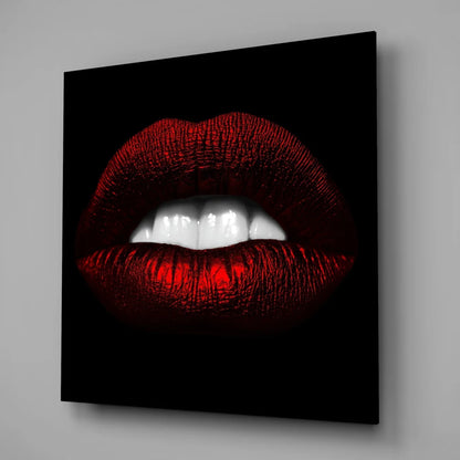 Bold red lips tempered glass art with glossy texture on black background