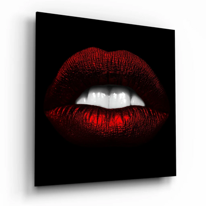 Bold red lips tempered glass art on black background