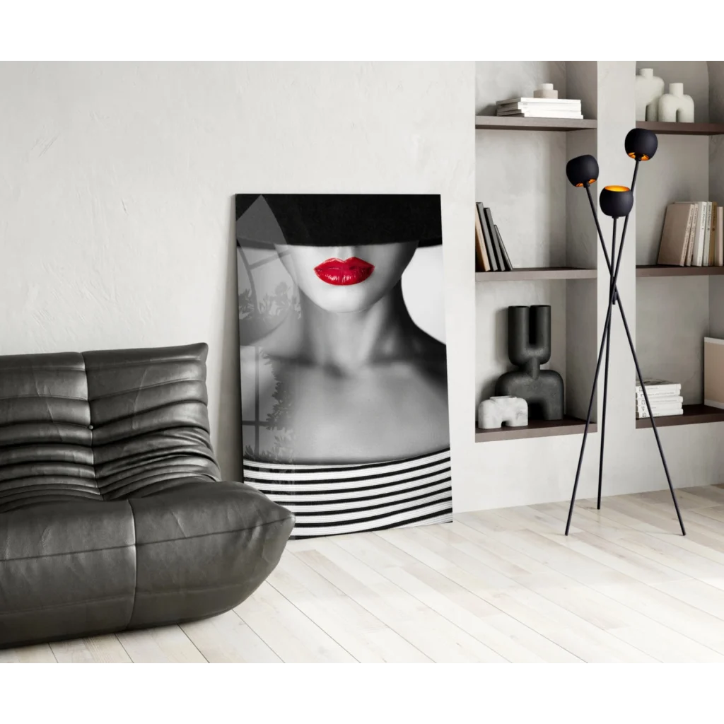 Bold red lips striped fashion glass wall art canvas print