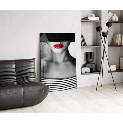 Bold red lips striped fashion glass wall art canvas print
