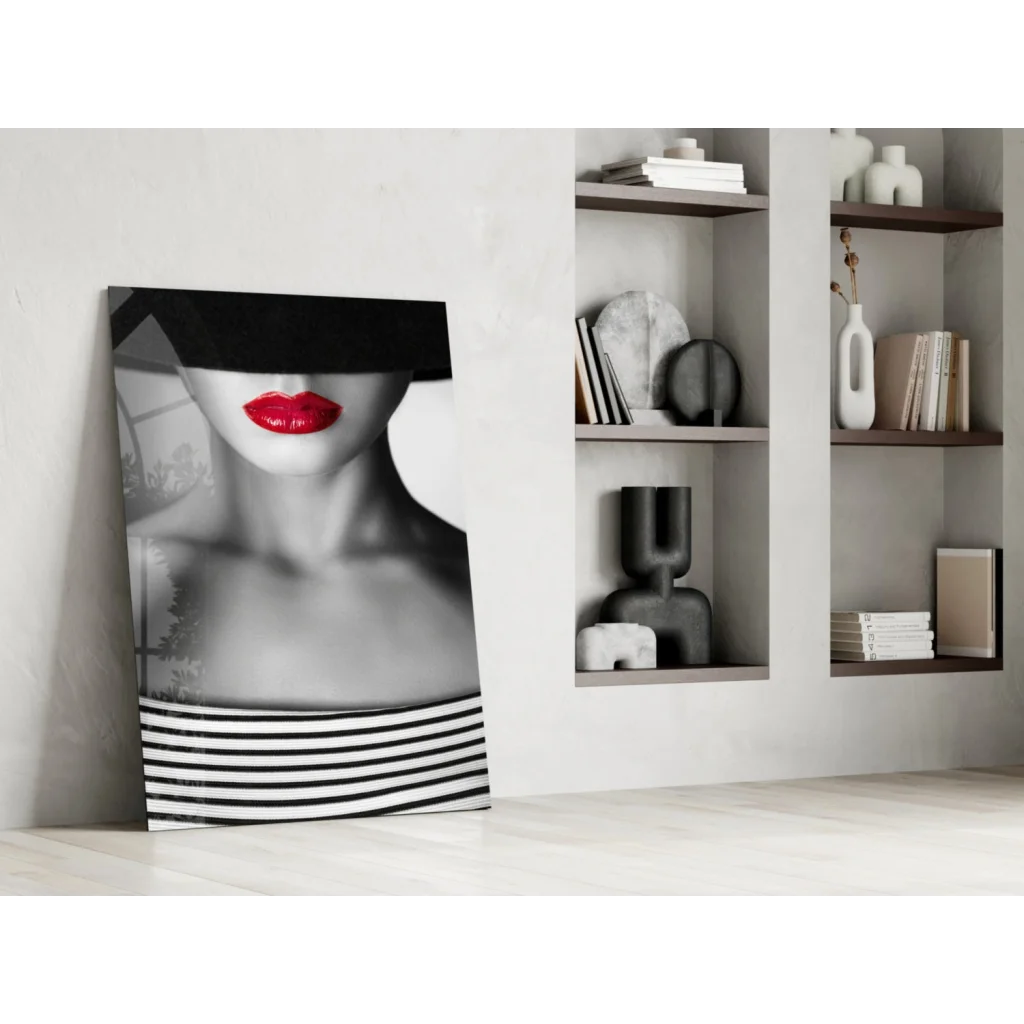 Bold red lips striped fashion glass wall art canvas print on minimalist wall