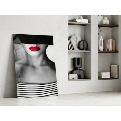 Bold red lips striped fashion glass wall art canvas print on minimalist wall