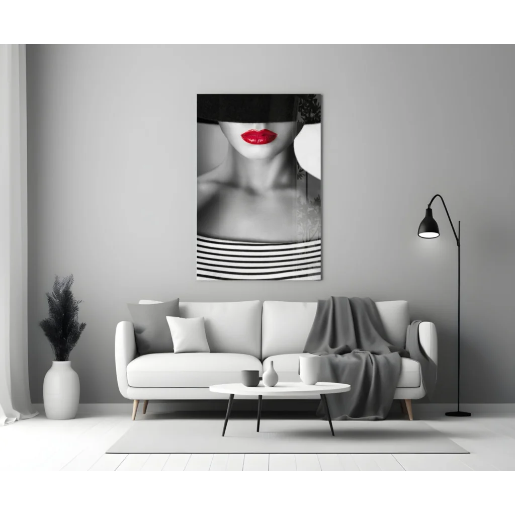 Bold red lips on striped top black-and-white glass wall art canvas print