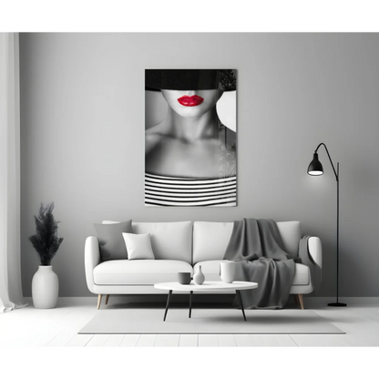 Bold red lips on striped top black-and-white glass wall art canvas print