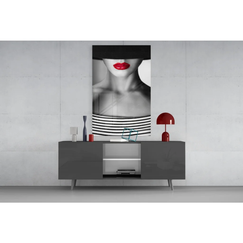 Bold red lips woman in striped top, black hat glass wall art print
