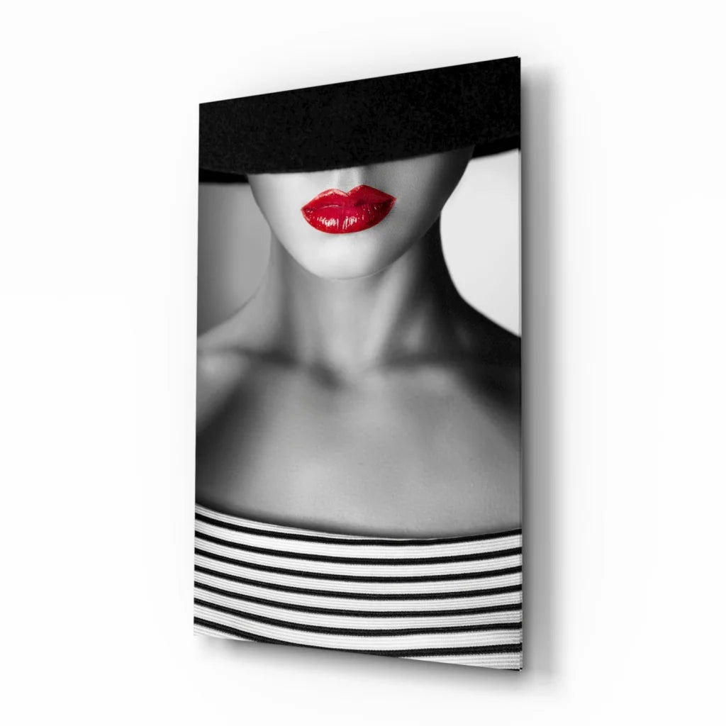 Bold red lips in striped top, black hat glass wall art canvas print