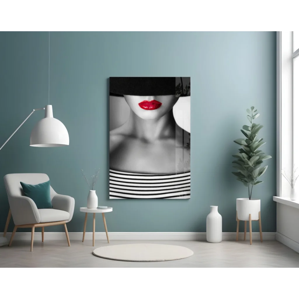 Bold red lips striped fashion glass wall art canvas print