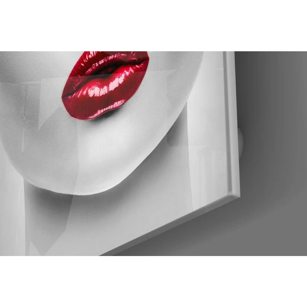 Striking red glossy lip print on sleek white canvas glass wall art