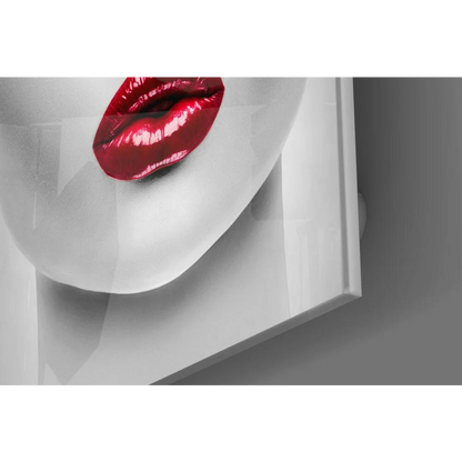 Striking red glossy lip print on sleek white canvas glass wall art