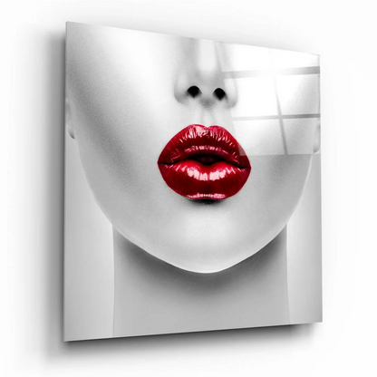 Striking black-and-white glass wall art with bold glossy red lips