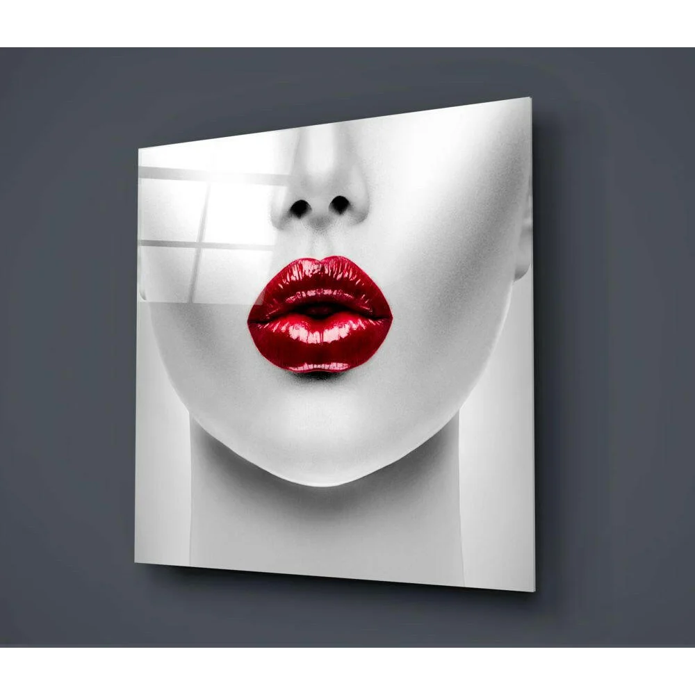 Striking black-and-white bold red lips glass wall art canvas print