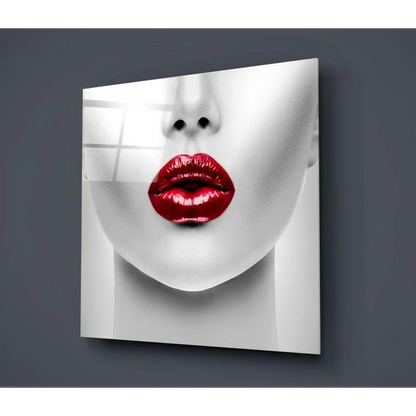 Striking black-and-white bold red lips glass wall art canvas print