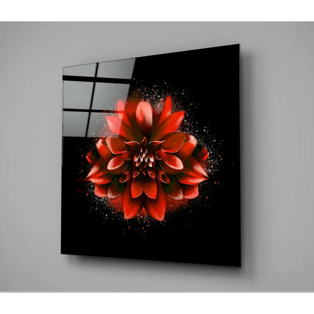 Vibrant red dahlia glass wall art on glossy black acrylic panel