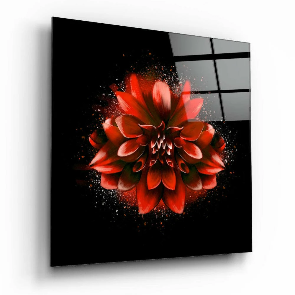 Vibrant red dahlia glass wall art on glossy black panel