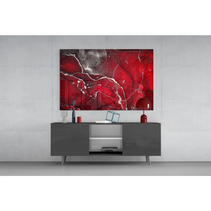 Vibrant red silver marbled glass wall art canvas with flowing patterns