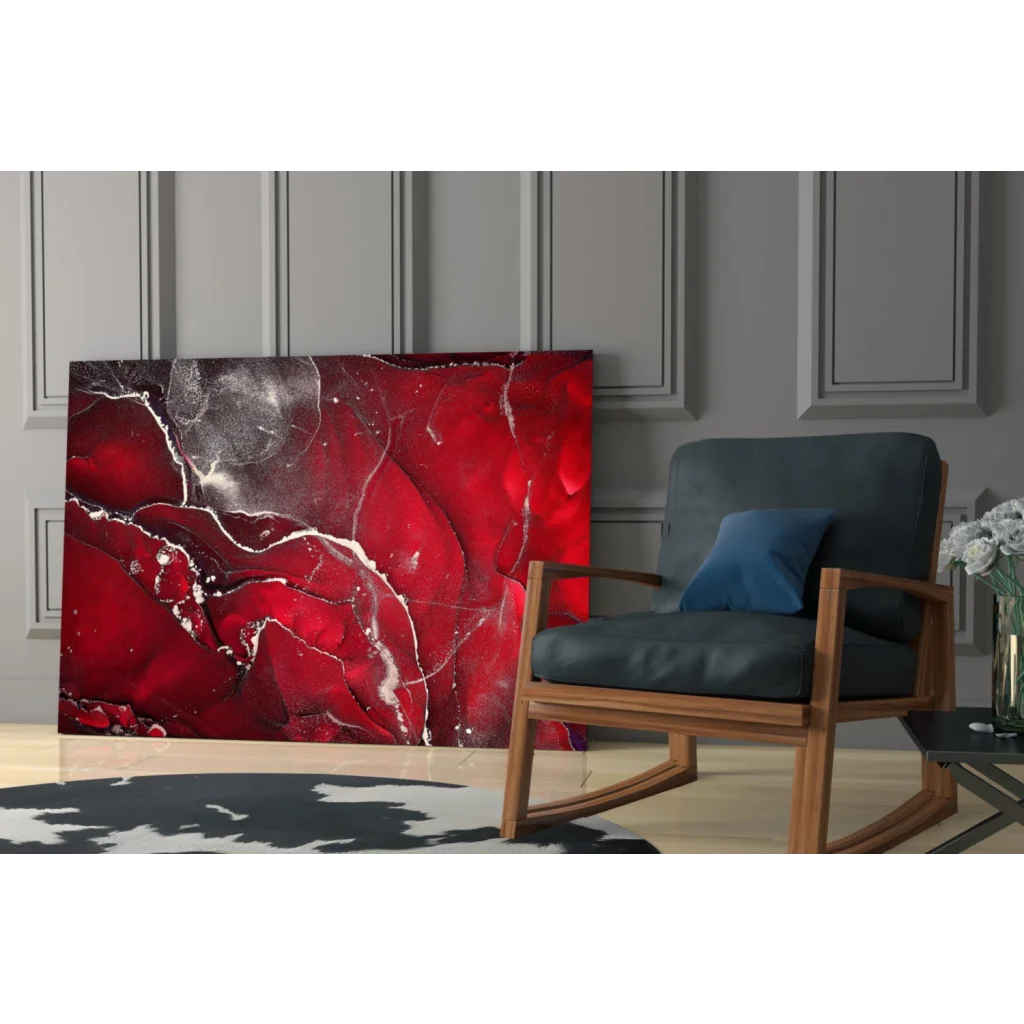 Vibrant red silver marbled glass wall art canvas