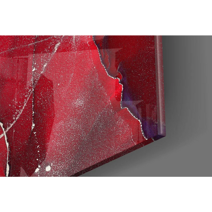 Vibrant red marbled glass wall art canvas with silver and purple accents