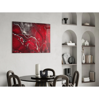 Vibrant red black abstract glass wall art canvas with swirling white veining