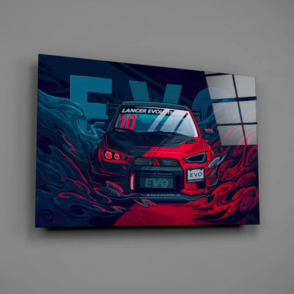 Red Mitsubishi Lancer Evo X wall art poster on dark blue background