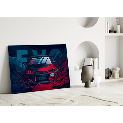 Vibrant red and black Mitsubishi Lancer Evo X wall art canvas poster