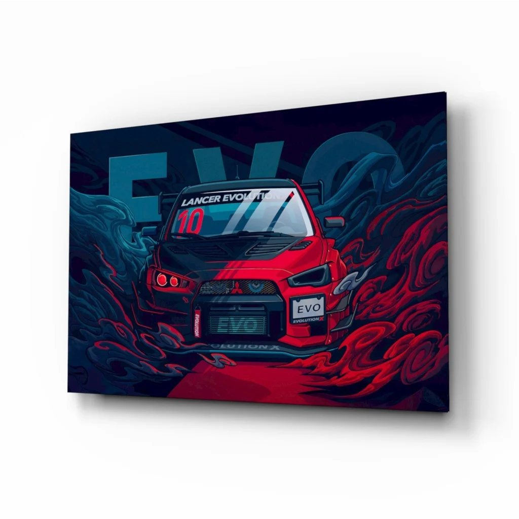 Red Mitsubishi Lancer Evo X wall art canvas poster with black blue accents