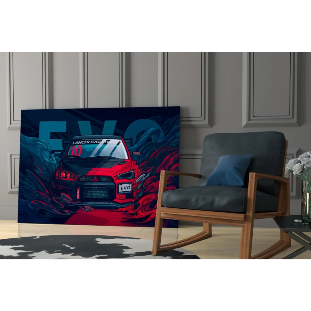 Red Mitsubishi Lancer Evo X wall art canvas poster with black and white elements