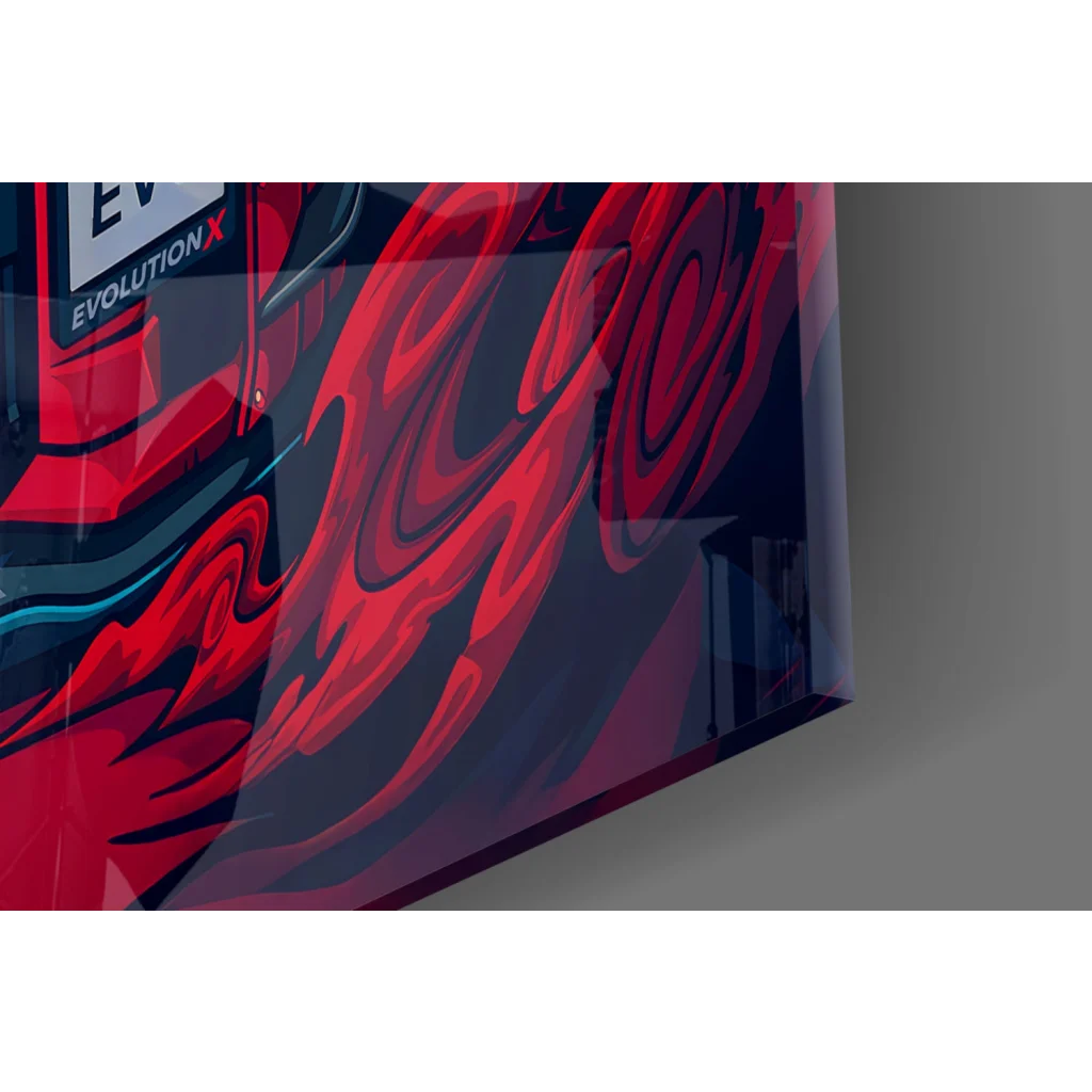 Red and black Mitsubishi Lancer Evo X wall art on glossy paper