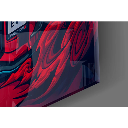 Red and black Mitsubishi Lancer Evo X wall art on glossy paper