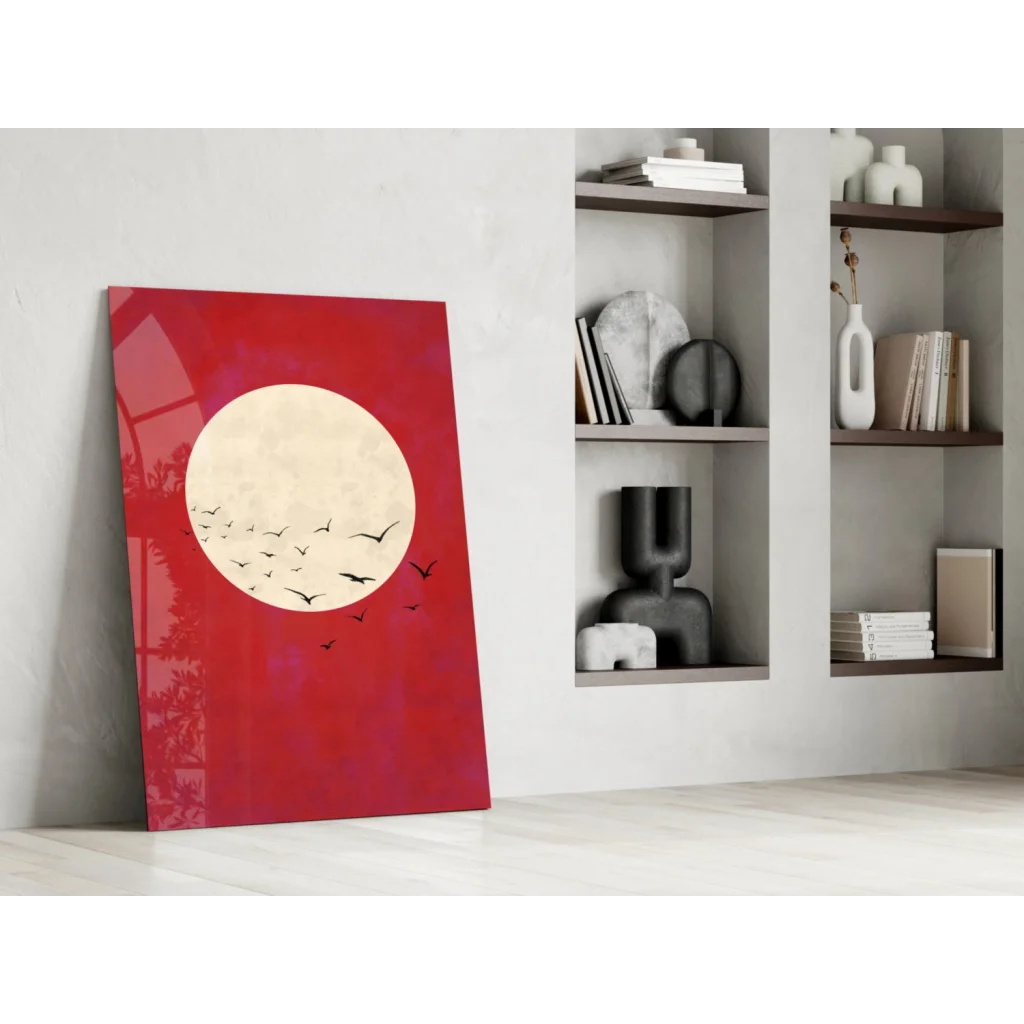 Vibrant red glass wall art canvas print of cream moon and black bird silhouettes