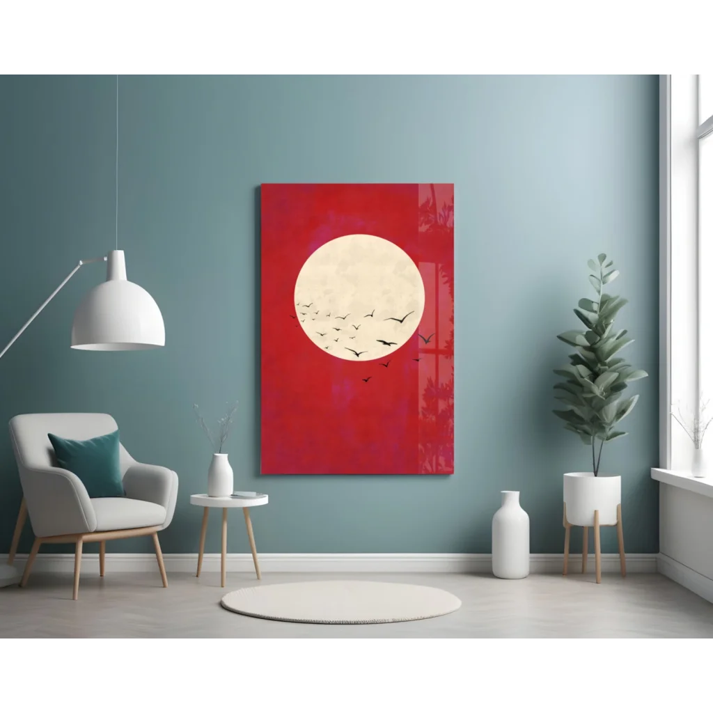 Red Moon Birds Glass Wall Art Canvas Print | Contemporary Home Wall Art | vintageantiquesgifts.com