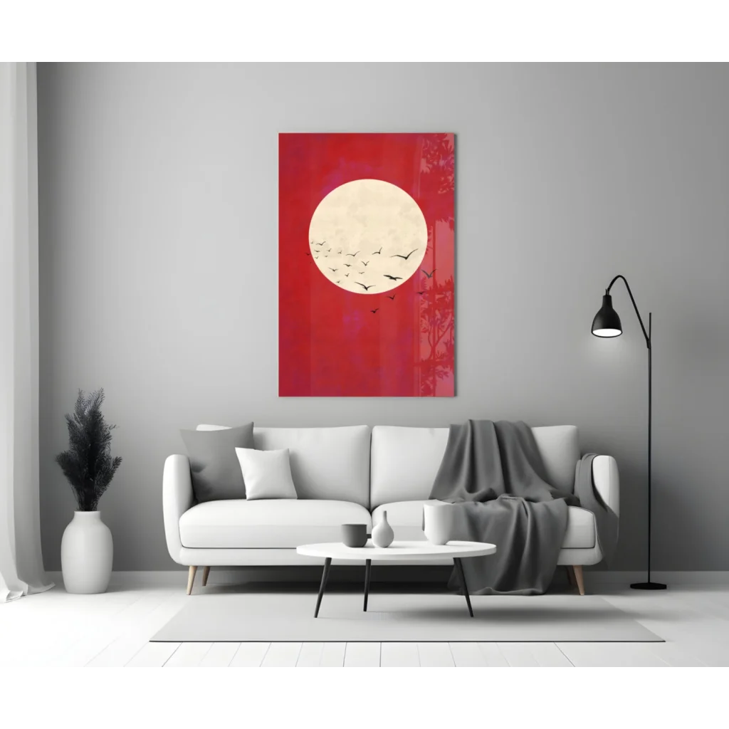 Red Moon Birds Glass Wall Art Canvas Print | Modern Wall Art Decor | vintageantiquesgifts.com
