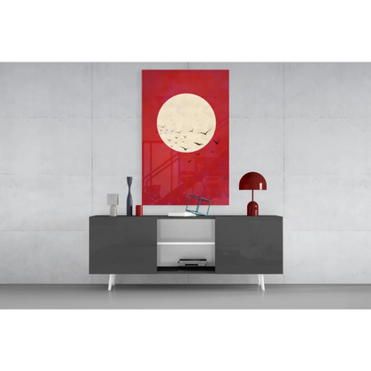 Red moon birds glass wall art canvas print with cream moon and flying bird silhouettes