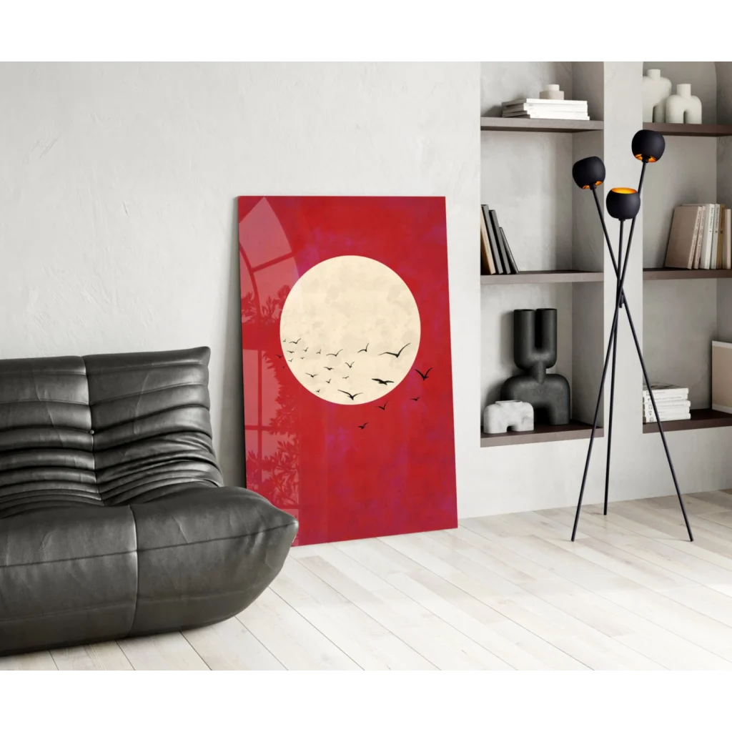 Vibrant red glass wall art canvas print with cream moon and flying bird silhouettes