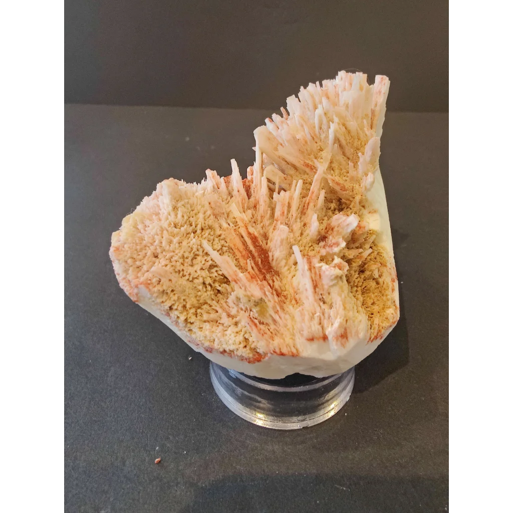 Red mordenite specimen 298g with white pinkish spiky crystals