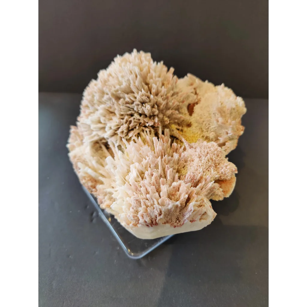 Red mordenite with stilbite specimen: creamy white spiky feathery crystals, 1309g