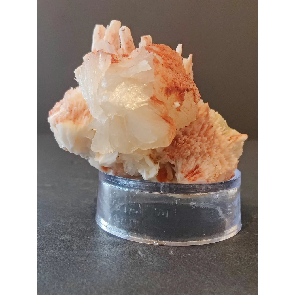 Red mordenite with stilbite specimen, translucent white-orange crystals on stand, 112g
