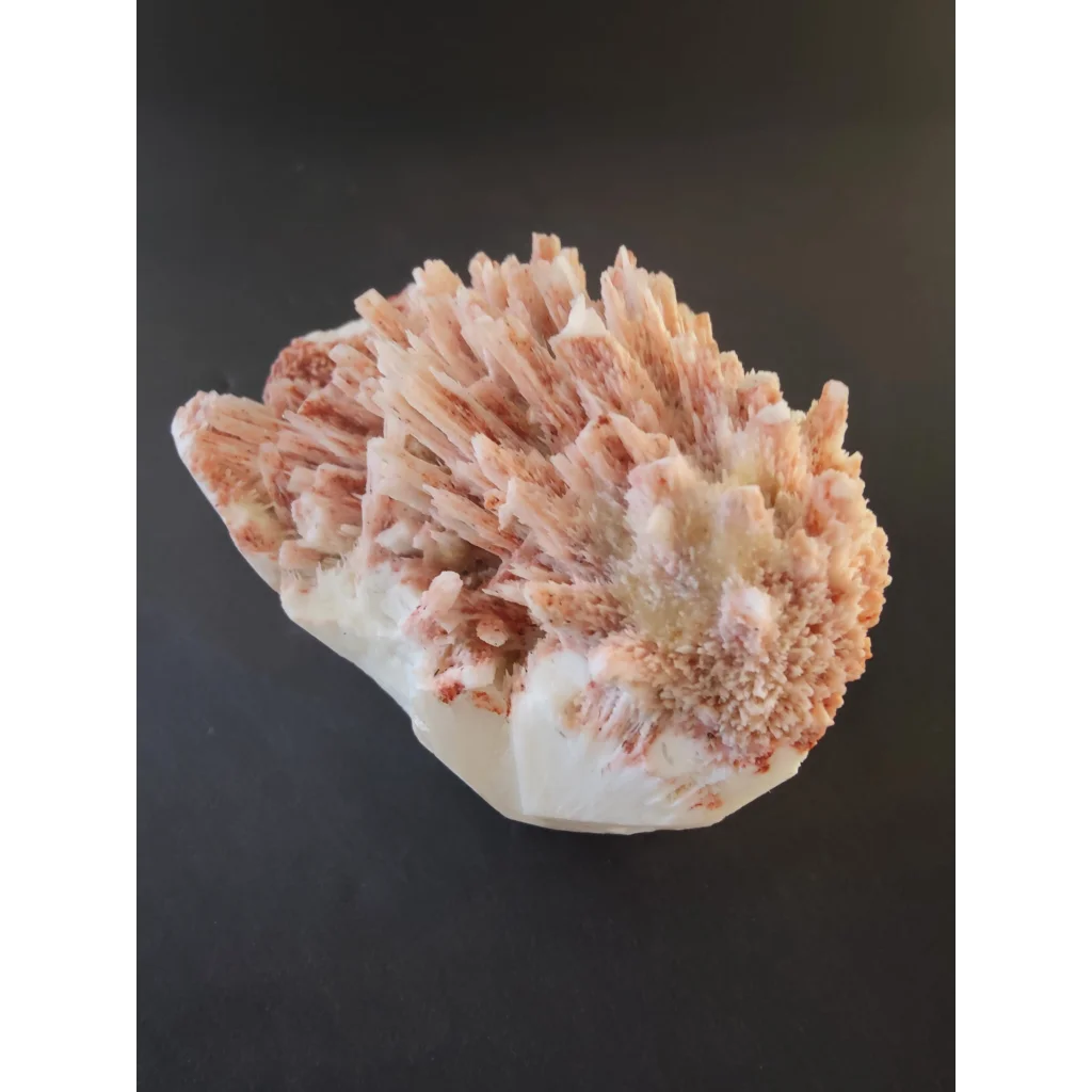 Red mordenite with stilbite specimen: rose quartz cluster on white base