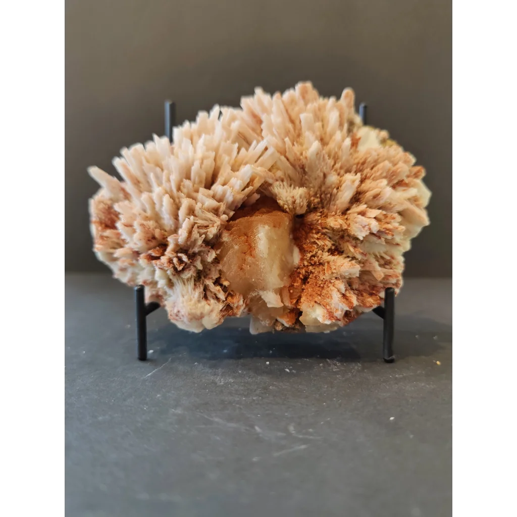 Red mordenite with stilbite specimen: beige-orange spiky crystals on black stand, 582g