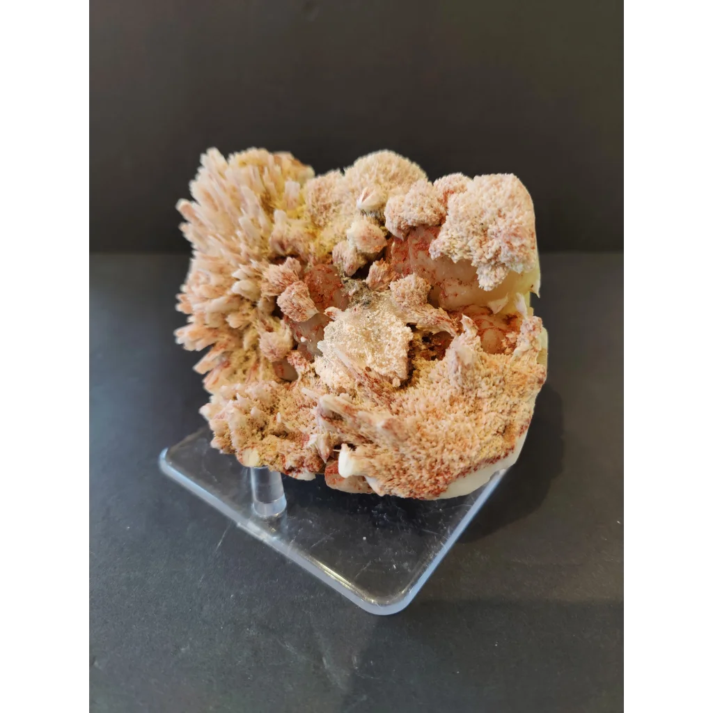 Red mordenite with stilbite specimen 741g on acrylic stand