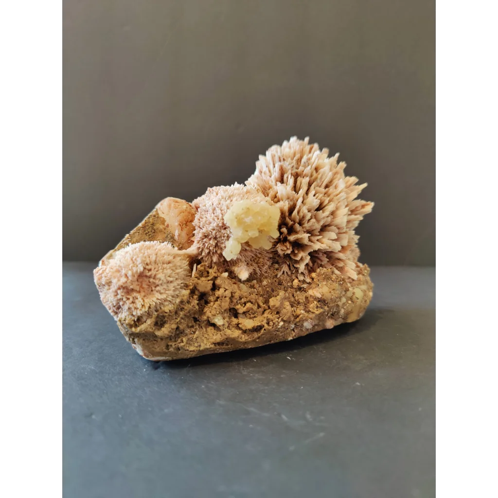 Red mordenite with stilbite specimen: beige spiky crystals on rock base, 796g