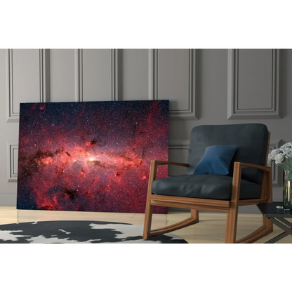 Vibrant red nebula cosmic wall art canvas print on paneled wall