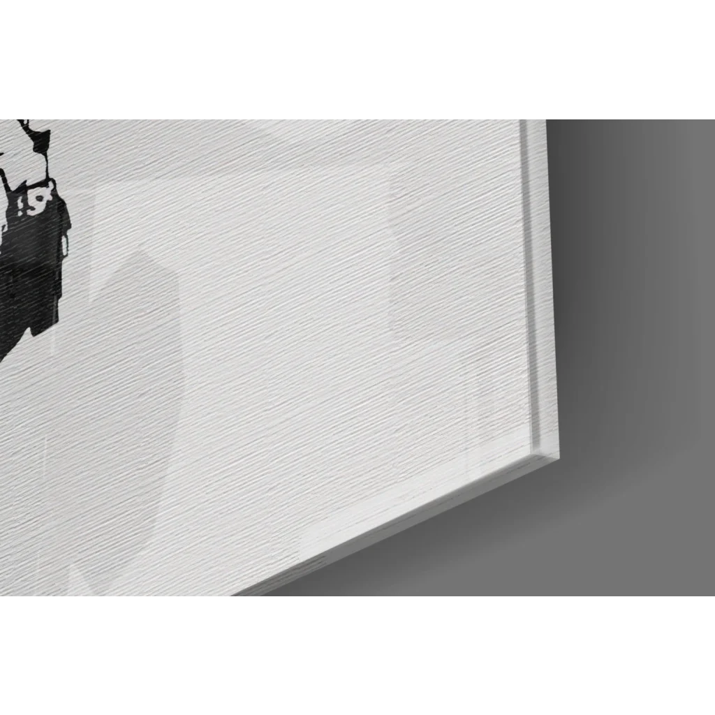 Bold black stencil peace symbol soldiers on white textured canvas wall art print