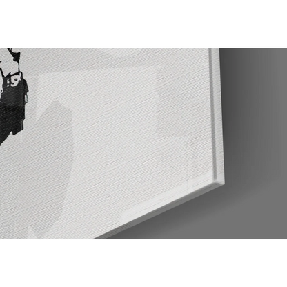 Bold black stencil peace symbol soldiers on white textured canvas wall art print