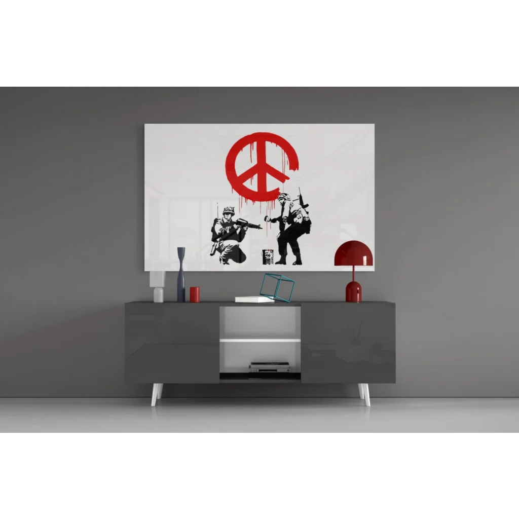 Bold red peace symbol with dripping paint and graffiti soldiers wall art print