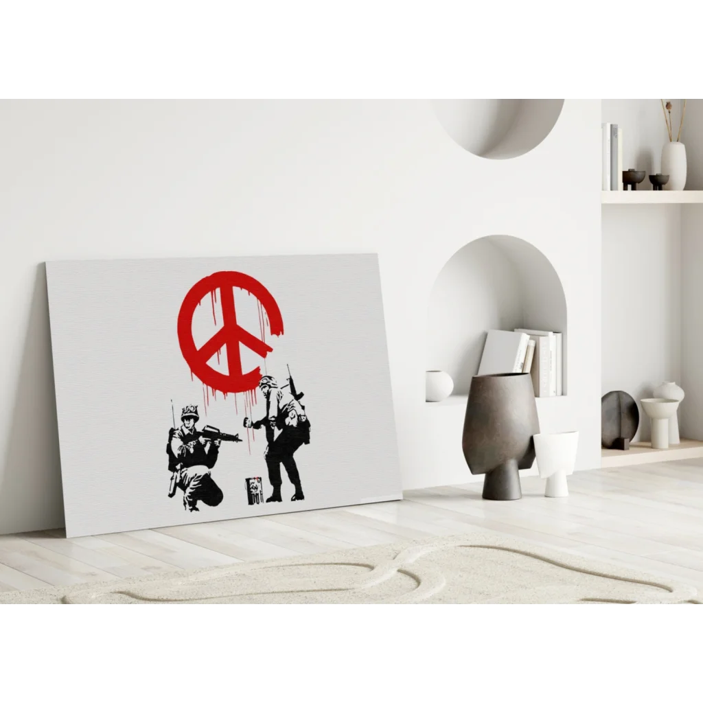 Red peace symbol with dripping paint over silhouetted soldiers wall art print